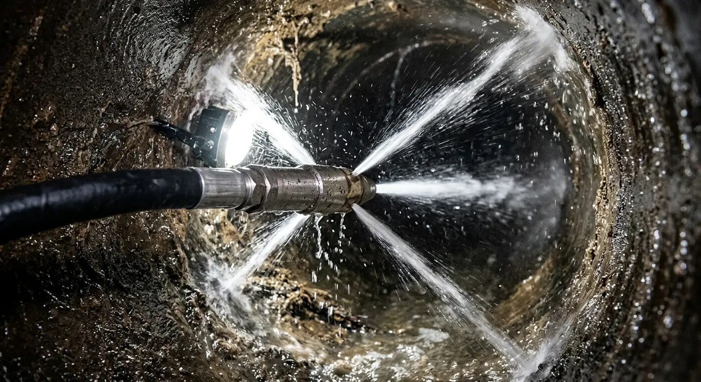 High-pressure hydro jetting nozzle cleaning sewer pipe for Storm Drain Cleaning in Yorkshire