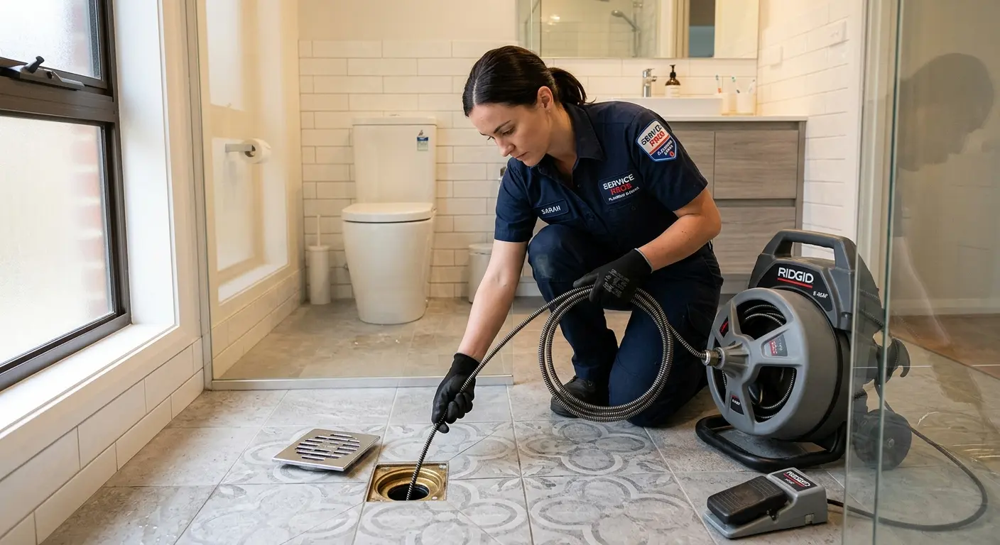 Technician clearing a bathroom floor drain for Drain Cleaning in Yorkshire